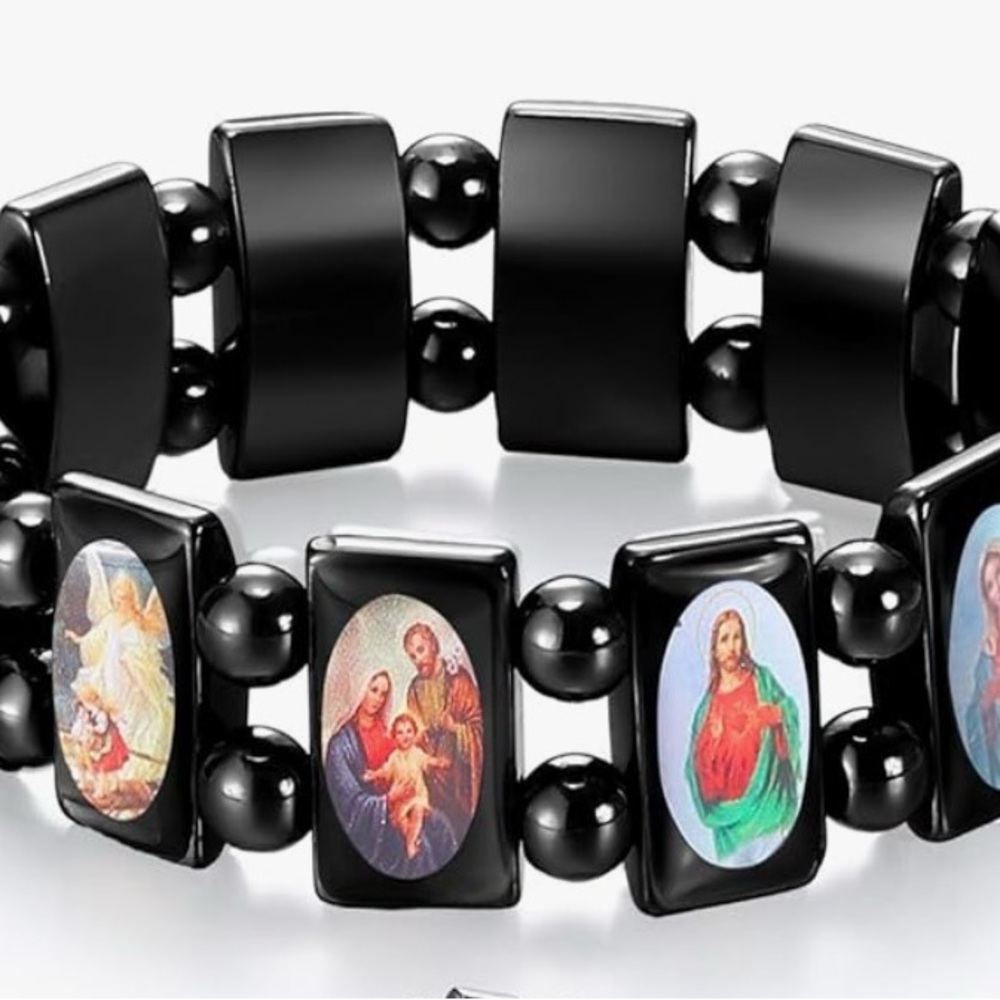 Two Hematite beads  Bracelet with Religious Saints Catholic for Men or Women